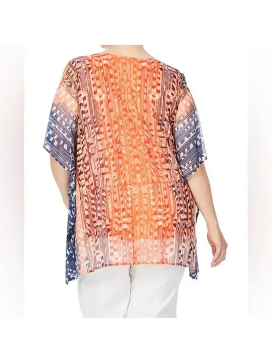 Nygard Orange Print Sheer Poncho Style Open Shoulder Blouse Top- Size Medium - Picture 4 of 7